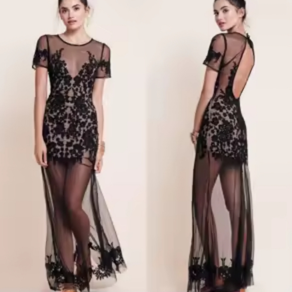 For love and lemons luau Black Sheer Embroidered maxi Dress small